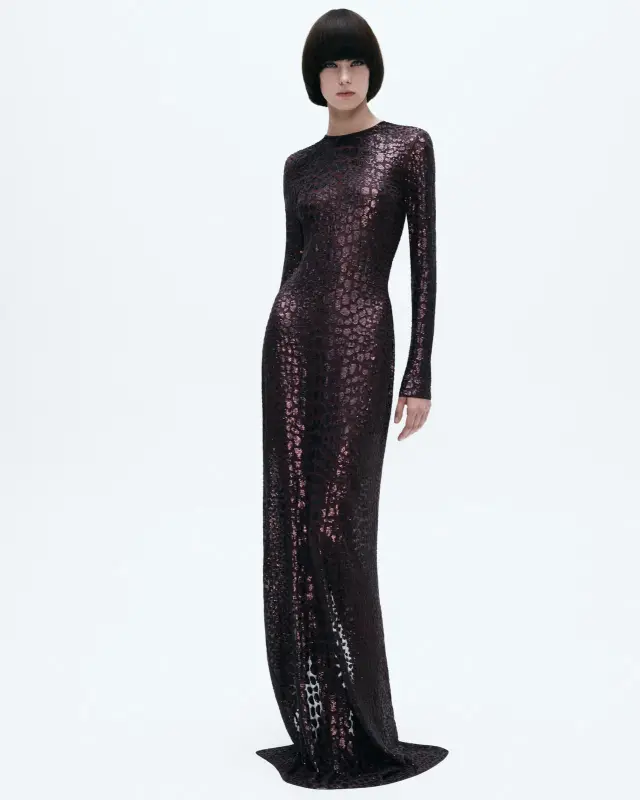 EMBROIDERED CROC EFFECT LONG SLEEVE EVENING DRESS BURGUNDY online